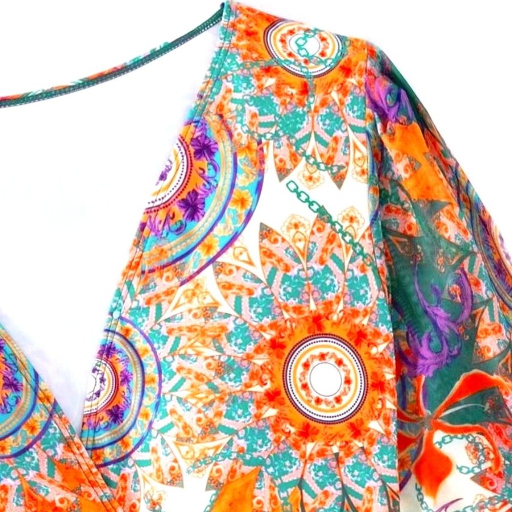 Callie Gypsy Sleeve: Multicolor Paisley Padded Plunge V-Neck Wrap Around Bikini - Picture 5 of 17